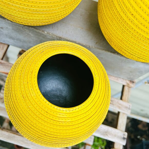 THREE Crate and Barrel Leather Spiral Wrapped Vase 6" Tall/ Wide Mustard Yellow - Picture 8 of 11